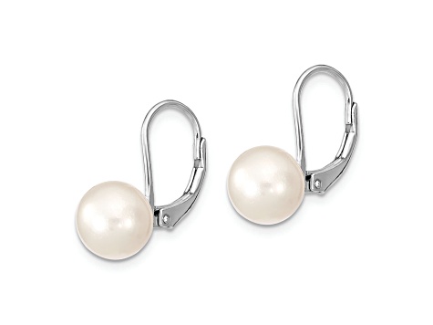 Rhodium Over Sterling Silver  8-9mm Round Freshwater Cultured Pearl Leverback Earrings