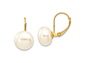 14K Yellow Gold 10-11mm White Button Freshwater Cultured Pearl Leverback Earrings