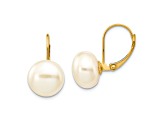 14K Yellow Gold 10-11mm White Button Freshwater Cultured Pearl Leverback Earrings