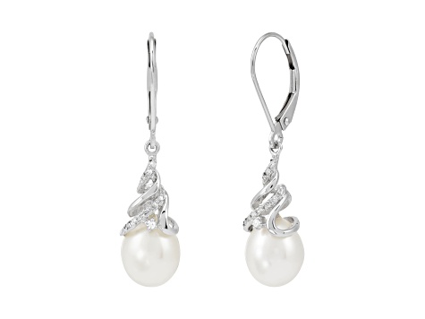 10x8mm Oval White Freshwater Pearl with 0.07ctw Diamond 14K White Gold Drop Earrings