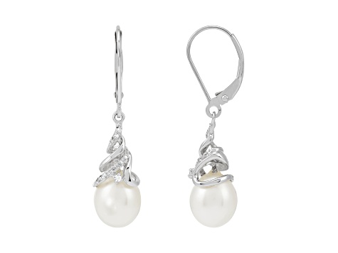 10x8mm Oval White Freshwater Pearl with 0.07ctw Diamond 14K White Gold Drop Earrings