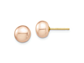 Picture of 14k Yellow Gold Children's 7-8mm Pink Button Freshwater Cultured Pearl Stud Earrings