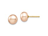 14k Yellow Gold Children's 7-8mm Pink Button Freshwater Cultured Pearl Stud Earrings