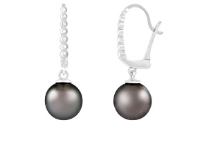 14k gold leverback earrings with .07CT DTW and round 8-9mm Tahitian Pearls
