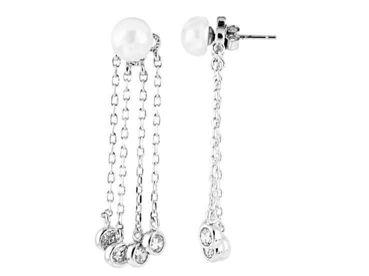 6-7mm White Cultured Freshwater Pearl and Cubic Zirconia Rhodium Over Sterling Silver Earrings