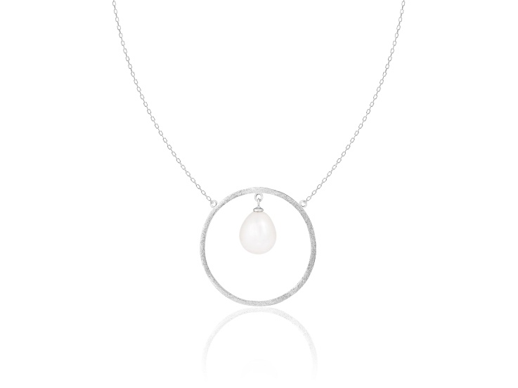 8-8.5mm Drop White Cultured Freshwater Pearl Rhodium Over Sterling Silver Strand Necklace