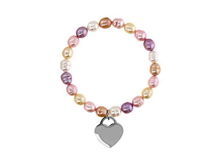 Cultured Freshwater Pearl Multi Color Stretch Heart Pendant Bracelet