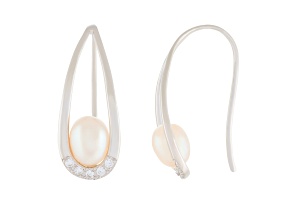 6-6.5mm White Cultured Freshwater Pearl and Cubic Zirconia Rhodium Over Sterling Silver Earrings
