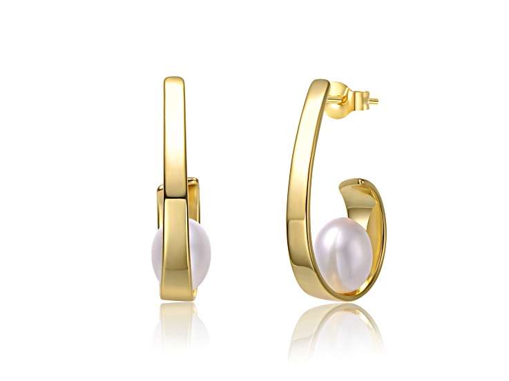 14K Yellow Gold Over Sterling Silver White Freshwater Pearl Half-Hoop Drop Earrings