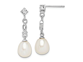 Rhodium Over Sterling Silver  7-8mm White Rice Freshwater Cultured Pearl Cubic Zirconia Earrings