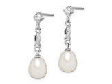 Rhodium Over Sterling Silver  7-8mm White Rice Freshwater Cultured Pearl Cubic Zirconia Earrings