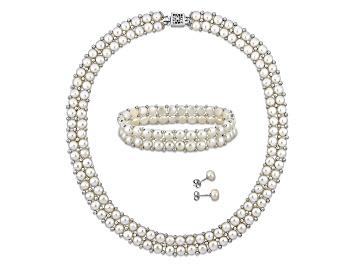Picture of 6-7.5mm Freshwater Cultured Pearl Stud Earrings, Double Row Bracelet & Necklace Set