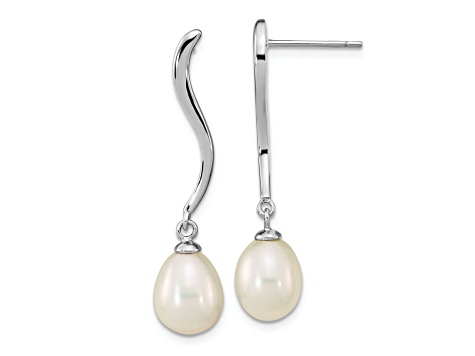 Rhodium Over Sterling Silver 7x9mm Teardrop Freshwater Cultured Pearl Dangle Earrings