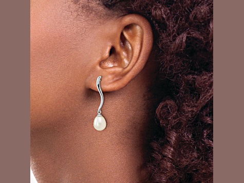 Rhodium Over Sterling Silver 7x9mm Teardrop Freshwater Cultured Pearl Dangle Earrings