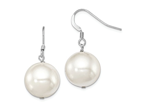 Rhodium Over Sterling Silver 14-15mm Round Shell Pearl Dangle Earrings