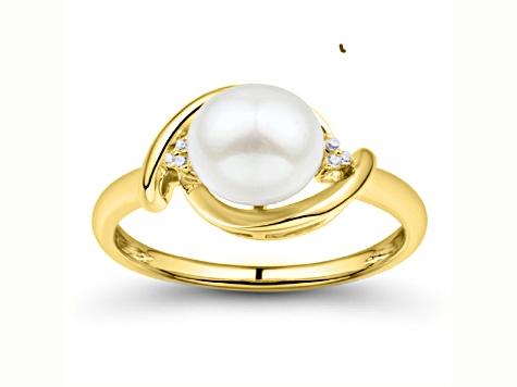 7.5-8mm Round White Freshwater Pearl with 0.02ctw Diamond Accents 10K Yellow Gold Ring