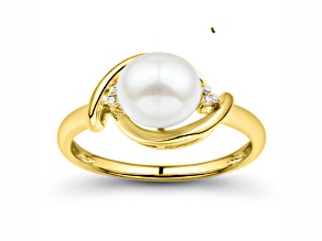 7.5-8mm Round White Freshwater Pearl with 0.02ctw Diamond Accents 10K Yellow Gold Ring