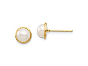 14k Yellow Gold 5-6mm White Button Freshwater Cultured Pearl Stud Earrings