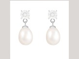 7.5-8mm White Cultured Freshwater Pearl and White Topaz Rhodium Over Sterling Silver Earrings