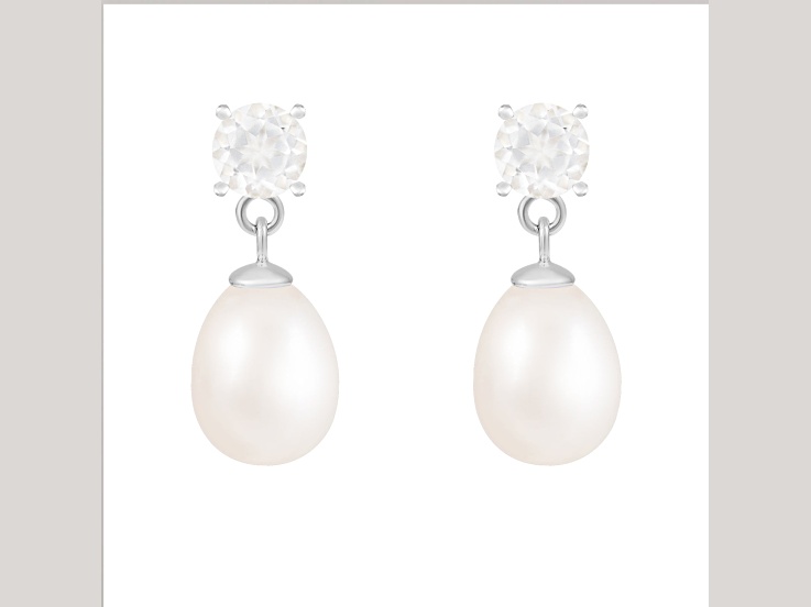 7.5-8mm White Cultured Freshwater Pearl and White Topaz Rhodium Over Sterling Silver Earrings