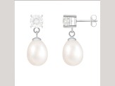 7.5-8mm White Cultured Freshwater Pearl and White Topaz Rhodium Over Sterling Silver Earrings