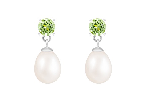 7.5-8mm White Cultured Freshwater Pearl and Peridot Rhodium Over Sterling Silver Earrings