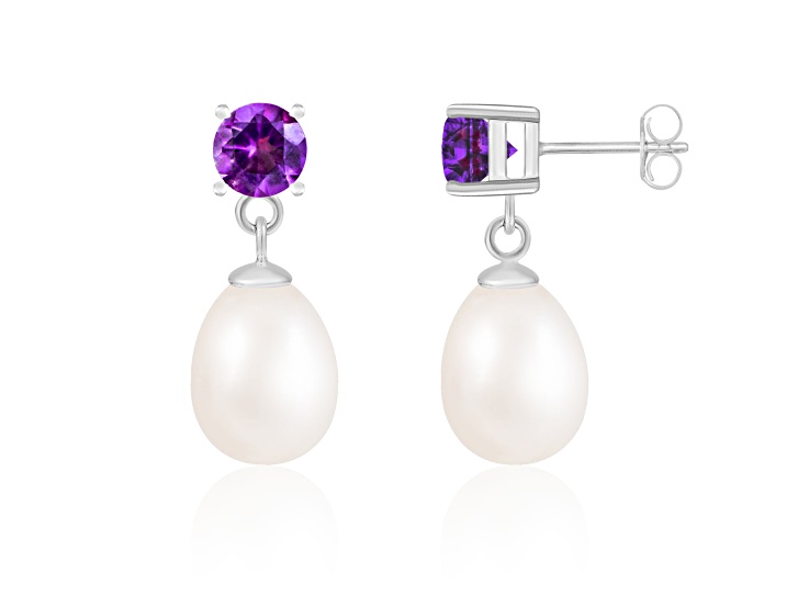7.5-8mm White Cultured Freshwater Pearl and Amethyst Rhodium Over Sterling Silver Earrings