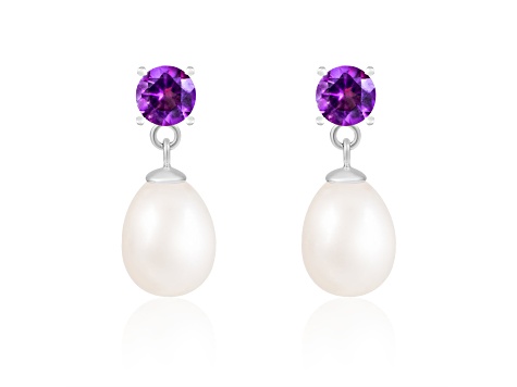 7.5-8mm White Cultured Freshwater Pearl and Amethyst Rhodium Over Sterling Silver Earrings