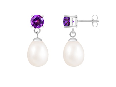 7.5-8mm White Cultured Freshwater Pearl and Amethyst Rhodium Over Sterling Silver Earrings