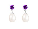 7.5-8mm White Cultured Freshwater Pearl and Amethyst Rhodium Over Sterling Silver Earrings