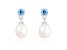 7.5-8mm White Cultured Freshwater Pearl and Blue Topaz Rhodium Over Sterling Silver Earrings