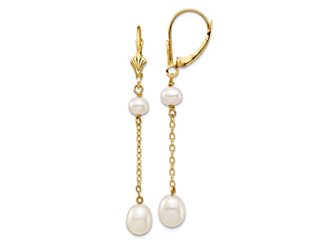 14K Yellow Gold 5-7mm White Rice Freshwater Cultured Pearl Leverback Earrings
