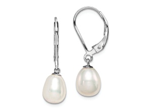 Rhodium Over Sterling Silver 7-8mm White Freshwater Cultured Pearl Leverback Earrings