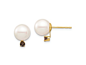 14K Yellow Gold 8-8.5mm White Round Freshwater Cultured Pearl Smoky Quartz Post Earring