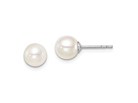 Rhodium Over Sterling Silver 6-7mm White Round FWC Pearl Stud Earrings