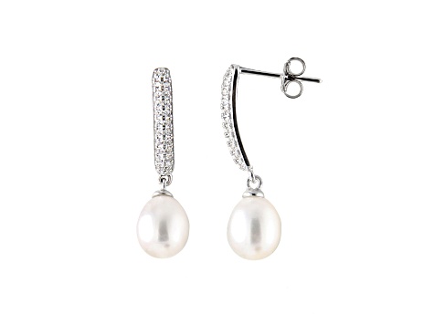 7-7.5mm White Cultured Freshwater Pearl and Cubic Zirconia Rhodium Over Sterling Silver Earrings