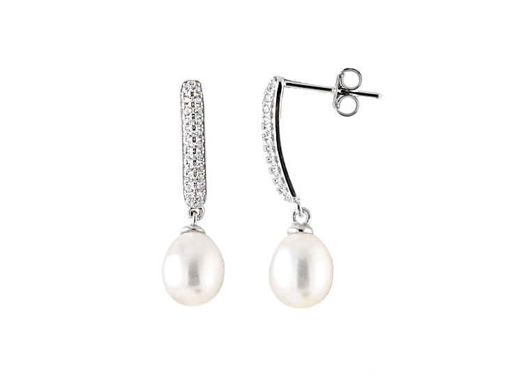 7-7.5mm White Cultured Freshwater Pearl and Cubic Zirconia Rhodium Over Sterling Silver Earrings