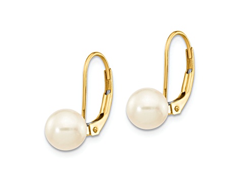 14K Yellow Gold 6-7mm White Round Freshwater Cultured Pearl Leverback Earrings