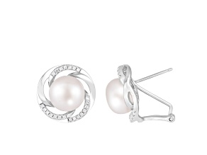 White Cultured Freshwater Pearl and CZ Rhodium Over Sterling Silver 7-8mm Button Earrings