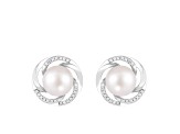 White Cultured Freshwater Pearl and CZ Rhodium Over Sterling Silver 7-8mm Button Earrings