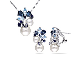 6-8.5MM Freshwater Cultured Pearl and Multi-gems Earrings and Pendant with Chain in Sterling Silver