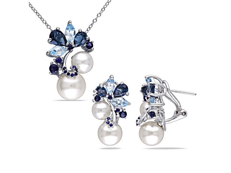 6-8.5MM Freshwater Cultured Pearl and Multi-gems Earrings and Pendant with Chain in Sterling Silver