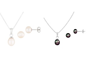 Black & White Cultured Freshwater Pearl Rhodium Over Sterling Silver Pendant & Earring Set of 2