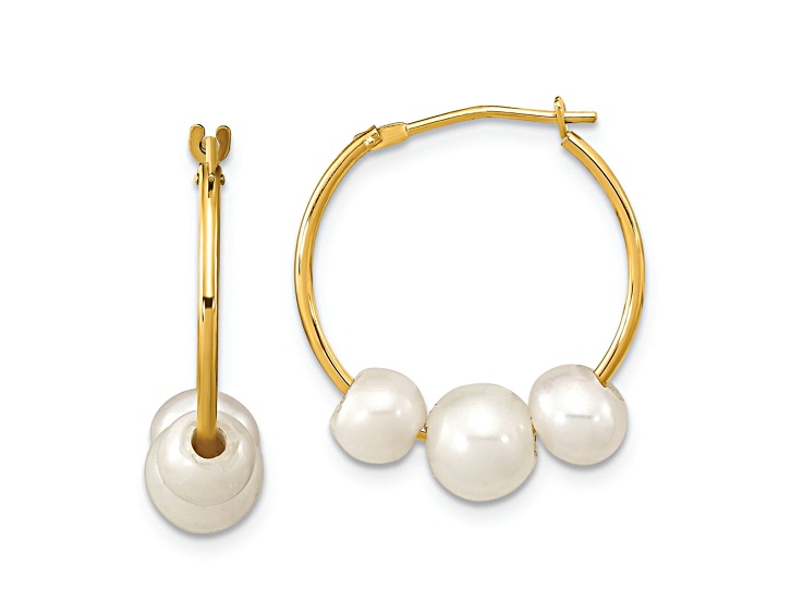 14K Yellow Gold 13/16" Round White Freshwater Cultured Pearl Hoop Earrings