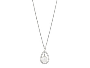 8.5-9mm Round White Freshwater Pearl and Cubic Zirconia Sterling Silver Drop Pendant with Chain