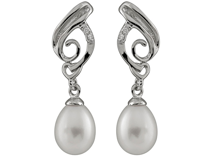 7-8mm White Cultured Freshwater Pearl and Cubic Zirconia Rhodium Over Sterling Silver Earrings