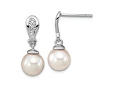 Rhodium Over 14K White Gold 7-8mm Round White Saltwater Akoya Pearl 0.03ctw Diamond Dangle Earrings