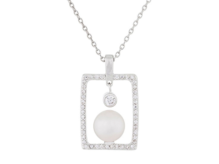 8-8.5mm Button White Cultured Freshwater Pearl and CZ Rhodium Over Sterling Silver Pendant