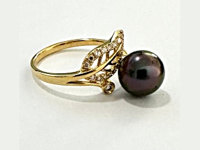 Purple Tahitian Cultured Pearl With Diamond 18k Yellow Gold Ring