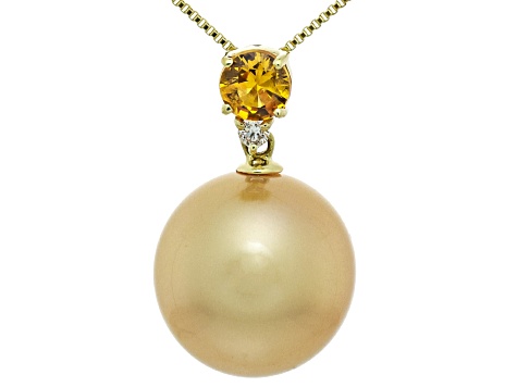 Golden South Sea Cultured Pearl With Sapphire & Diamond 18k Yellow Gold Pendant